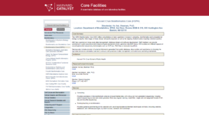 Screenshot of an individual core facility page with the info on the facility